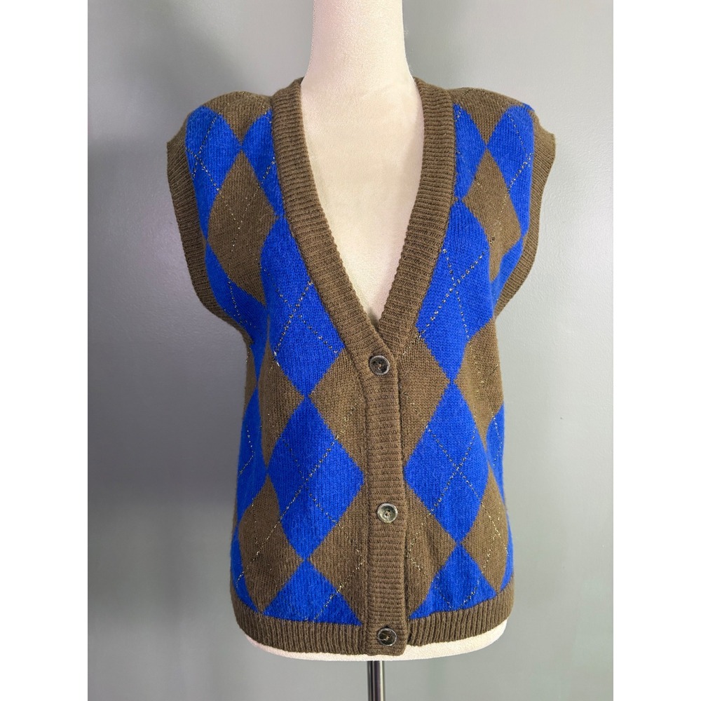 Vintage 80s Vest Breckenridge Argyle Cardigan Womens Petite S Metallic‎ Preppy